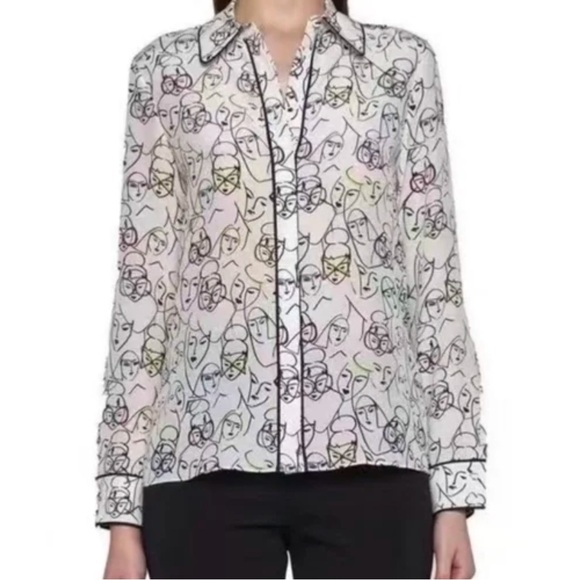 NWT Alice + Olivia Willa Placket Top With Piping Bisous Stacey White XS - Picture 1 of 9